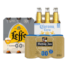 Hertog Jan 0.0%, Corona Cero 0.0%, Leffe blond 0.0% of Tripel Karmeliet 0.4%